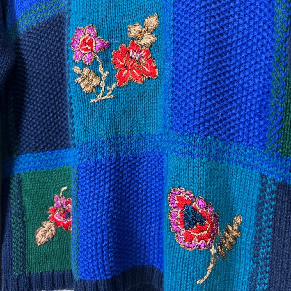Vintage Sweater Womens Medium Floral Embroidered Chunky Cotton Ramie Patchwork - Picture 2 of 8